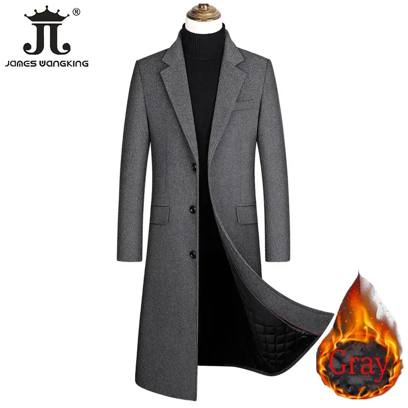 2023 Autumn and Winter Boutique Woolen Black Gray Classic Solid Color Thick Warm Men's Extra Long Wool Trench Coat Male Jacket