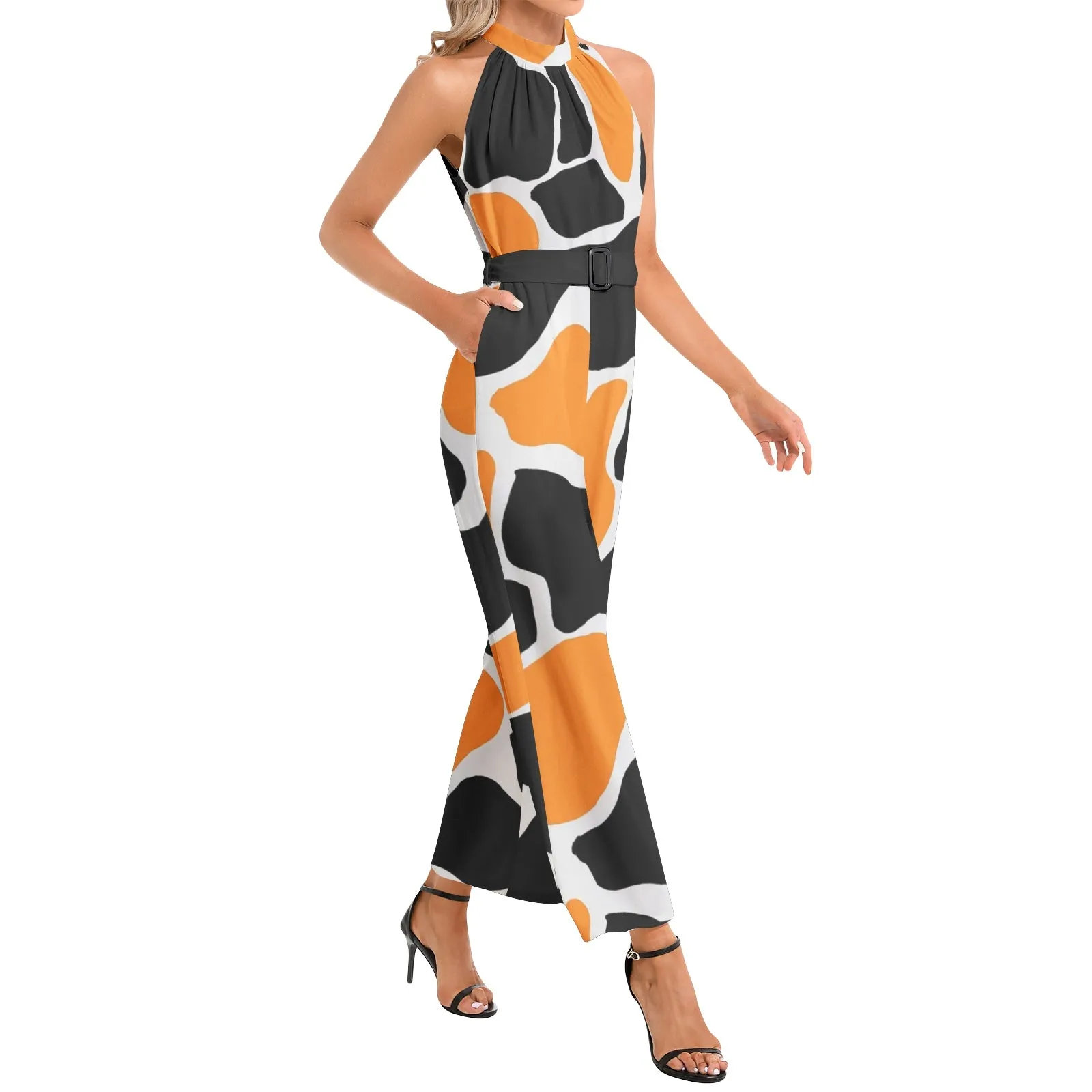 Abstract Animal Print Halter Neck Buckle Belted Jumpsuit