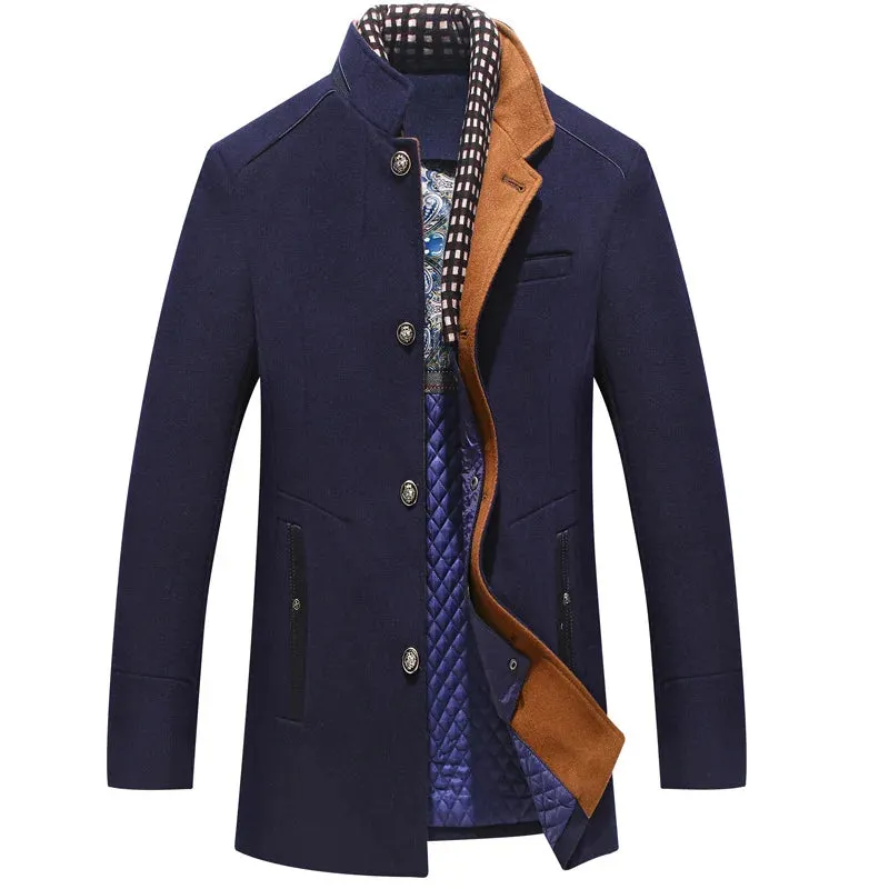 Aidase Brand Men's Casual Jacket Winter Male Windbreaker Detachable Plaid Neckline Wool Blend Classic Middle Long Trench Coat