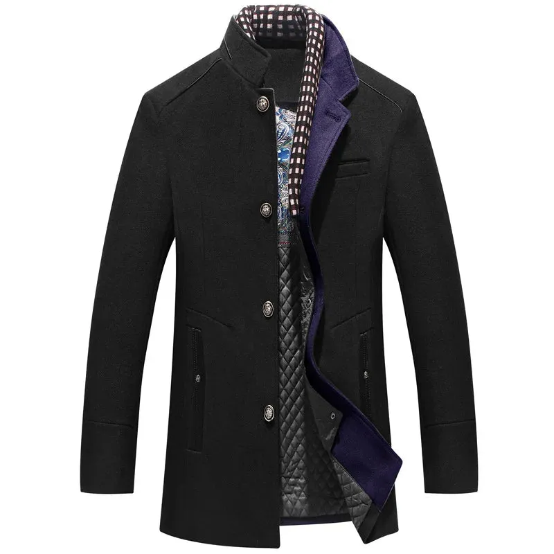 Aidase Brand Men's Casual Jacket Winter Male Windbreaker Detachable Plaid Neckline Wool Blend Classic Middle Long Trench Coat