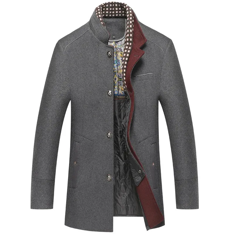 Aidase Brand Men's Casual Jacket Winter Male Windbreaker Detachable Plaid Neckline Wool Blend Classic Middle Long Trench Coat