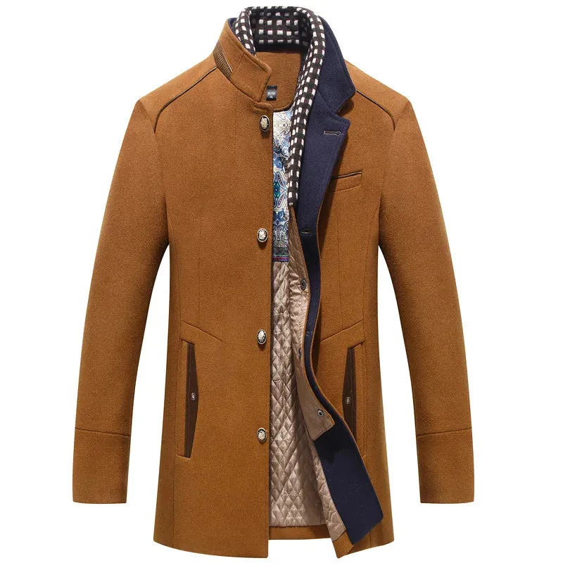 Aidase Brand Men's Casual Jacket Winter Male Windbreaker Detachable Plaid Neckline Wool Blend Classic Middle Long Trench Coat
