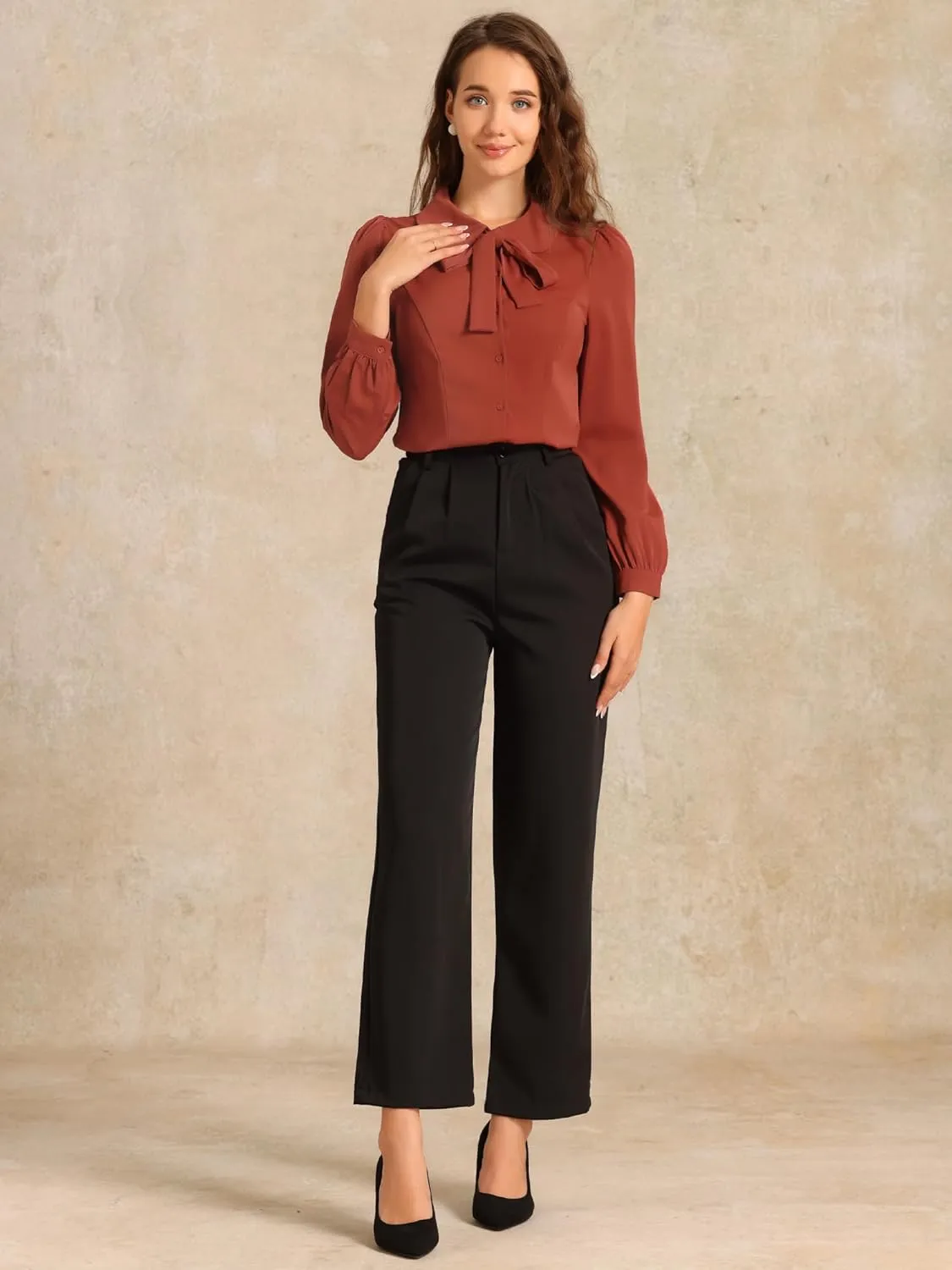 Allegra K Women's Peter Pan Collar Blouse Bow Tie Neck Vintage Button Up Shirt