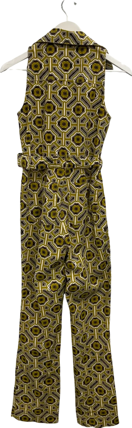 ASOS Green Retro Print Sleeveless Belted Flared Jumpsuit UK 8