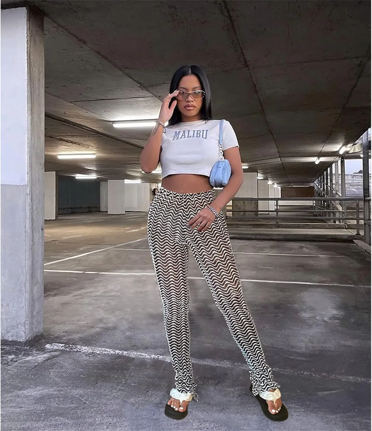 Atyfuniby Stacked Pants for Women - High Waisted Knitted Splice Striped Sweatpants Club Streetwear