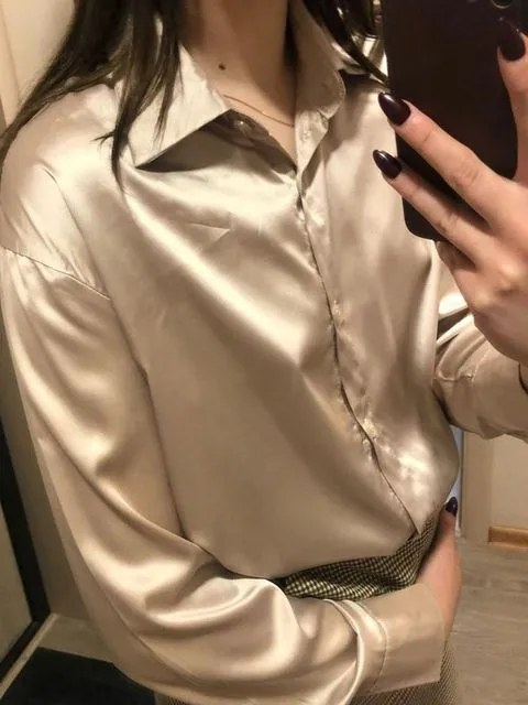 Autumn Fashion Button Up Satin Silk Shirt Spring Vintage Blouse Women White Lady Long Sleeves Female Loose Street Shirts S3832436