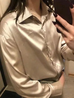 Autumn Fashion Button Up Satin Silk Shirt Spring Vintage Blouse Women White Lady Long Sleeves Female Loose Street Shirts S3832436