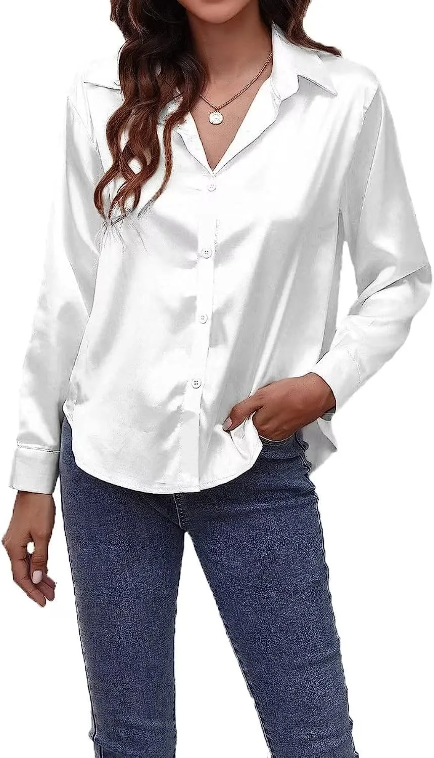 Autumn Fashion Button Up Satin Silk Shirt Spring Vintage Blouse Women White Lady Long Sleeves Female Loose Street Shirts S3832436