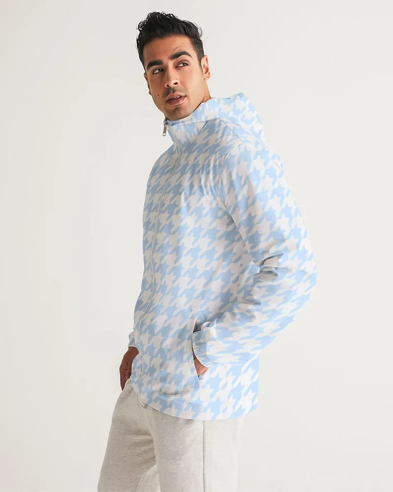 Baby Blue Large Houndstooth Men's Hooded Windbreaker Jacket