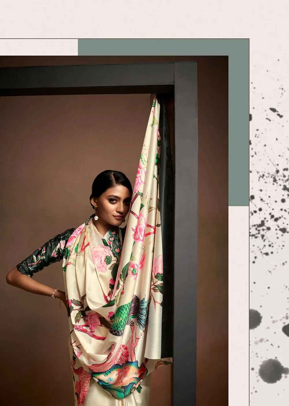 Beige Satin Digital Printed Saree with Unstitched Blouse Piece - Jodha