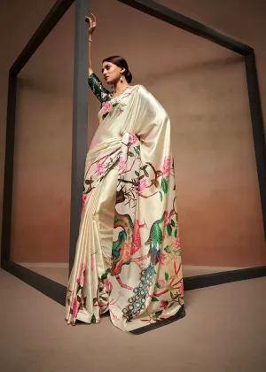 Beige Satin Digital Printed Saree with Unstitched Blouse Piece - Jodha