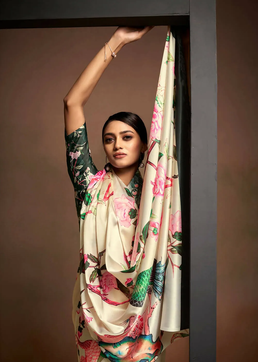 Beige Satin Digital Printed Saree with Unstitched Blouse Piece - Jodha