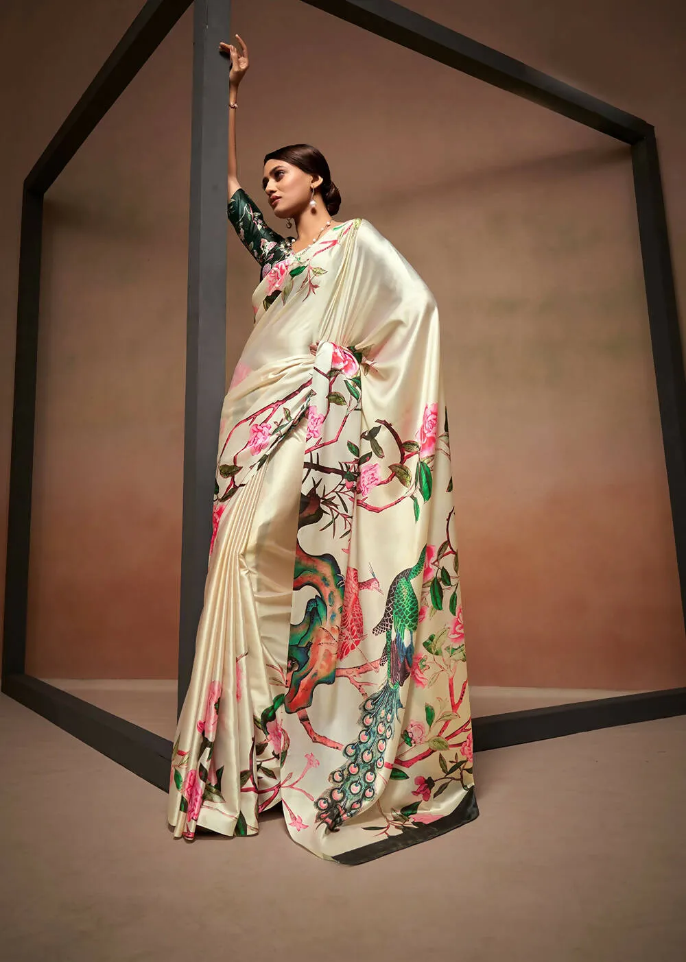 Beige Satin Digital Printed Saree with Unstitched Blouse Piece - Jodha