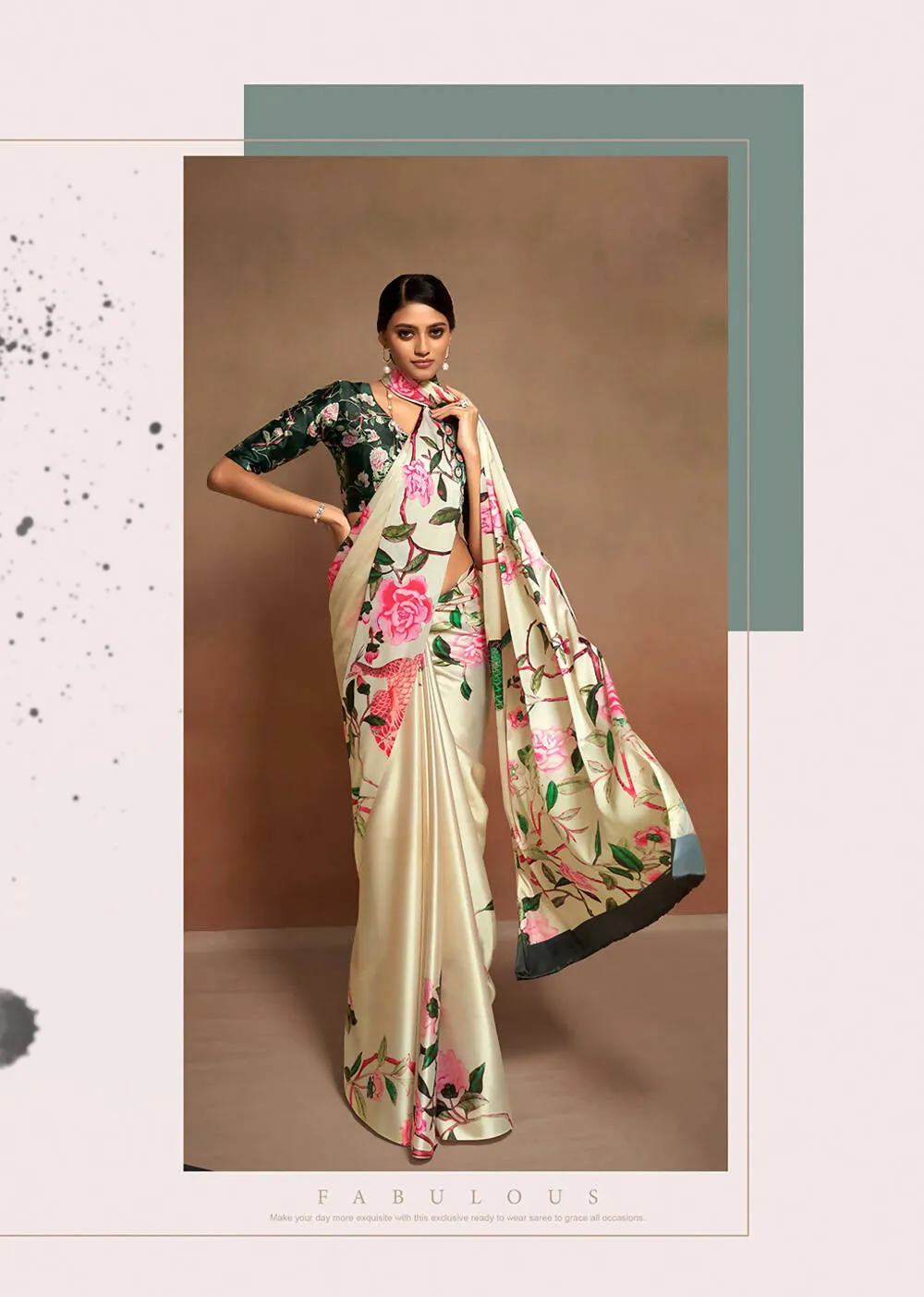 Beige Satin Digital Printed Saree with Unstitched Blouse Piece - Jodha