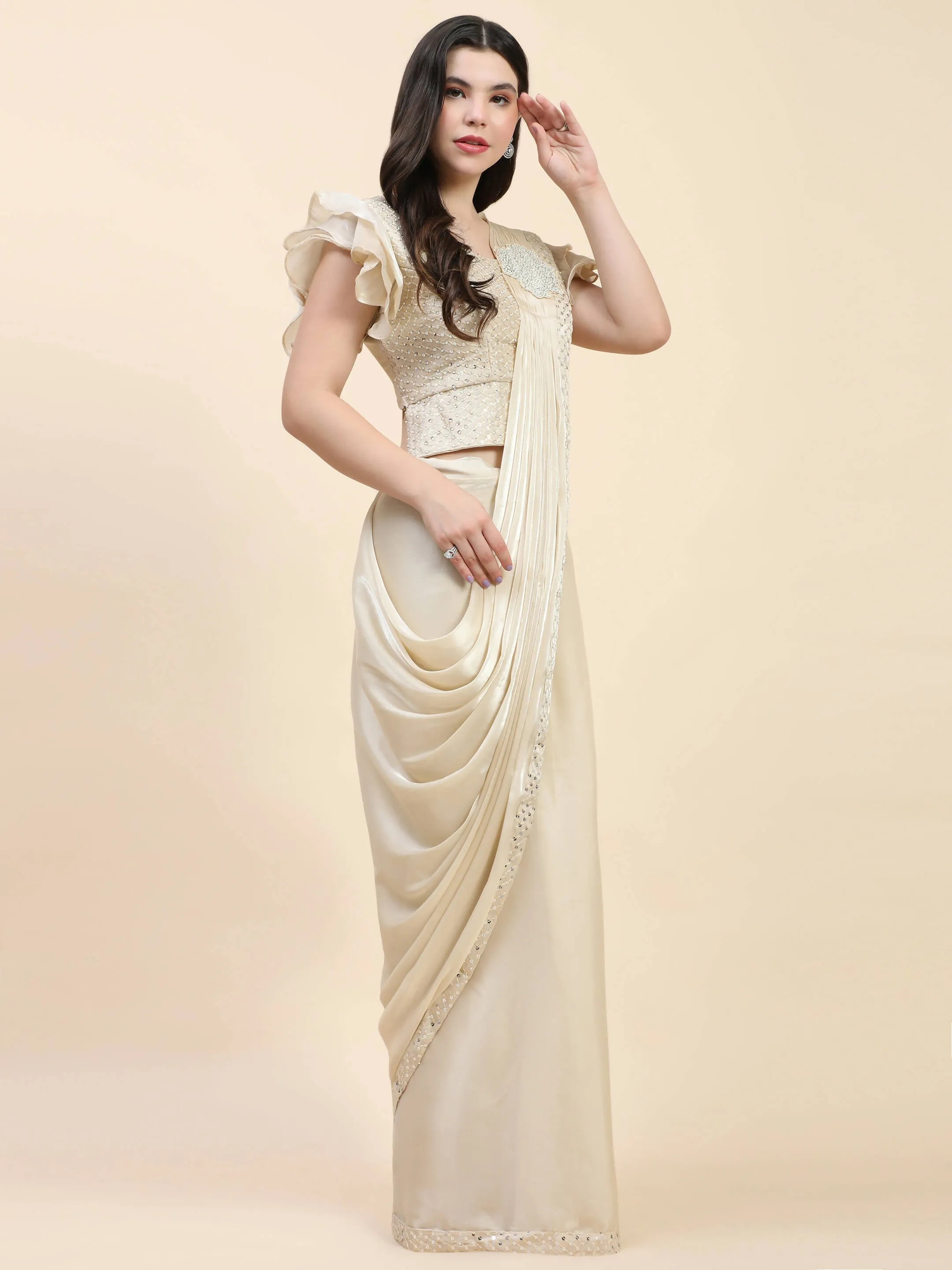 Beige Silk Satin Sequence Work Ready to Wear Saree with stitched Blouse - Nirvana