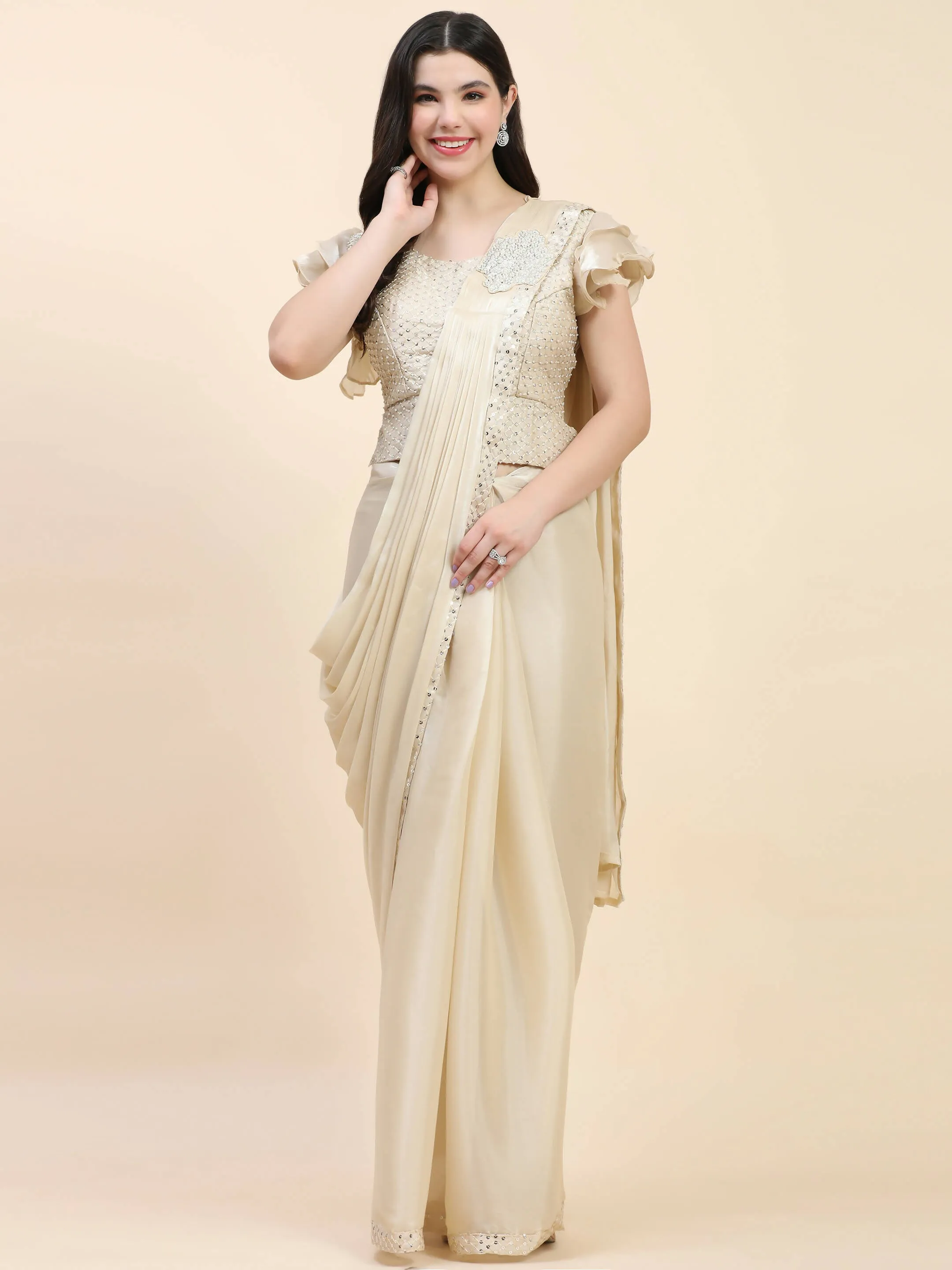 Beige Silk Satin Sequence Work Ready to Wear Saree with stitched Blouse - Nirvana