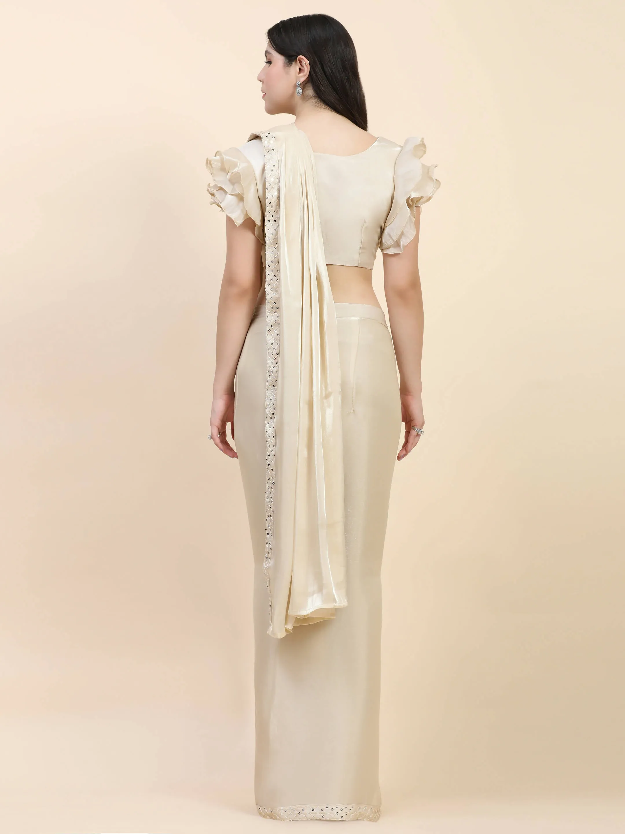 Beige Silk Satin Sequence Work Ready to Wear Saree with stitched Blouse - Nirvana