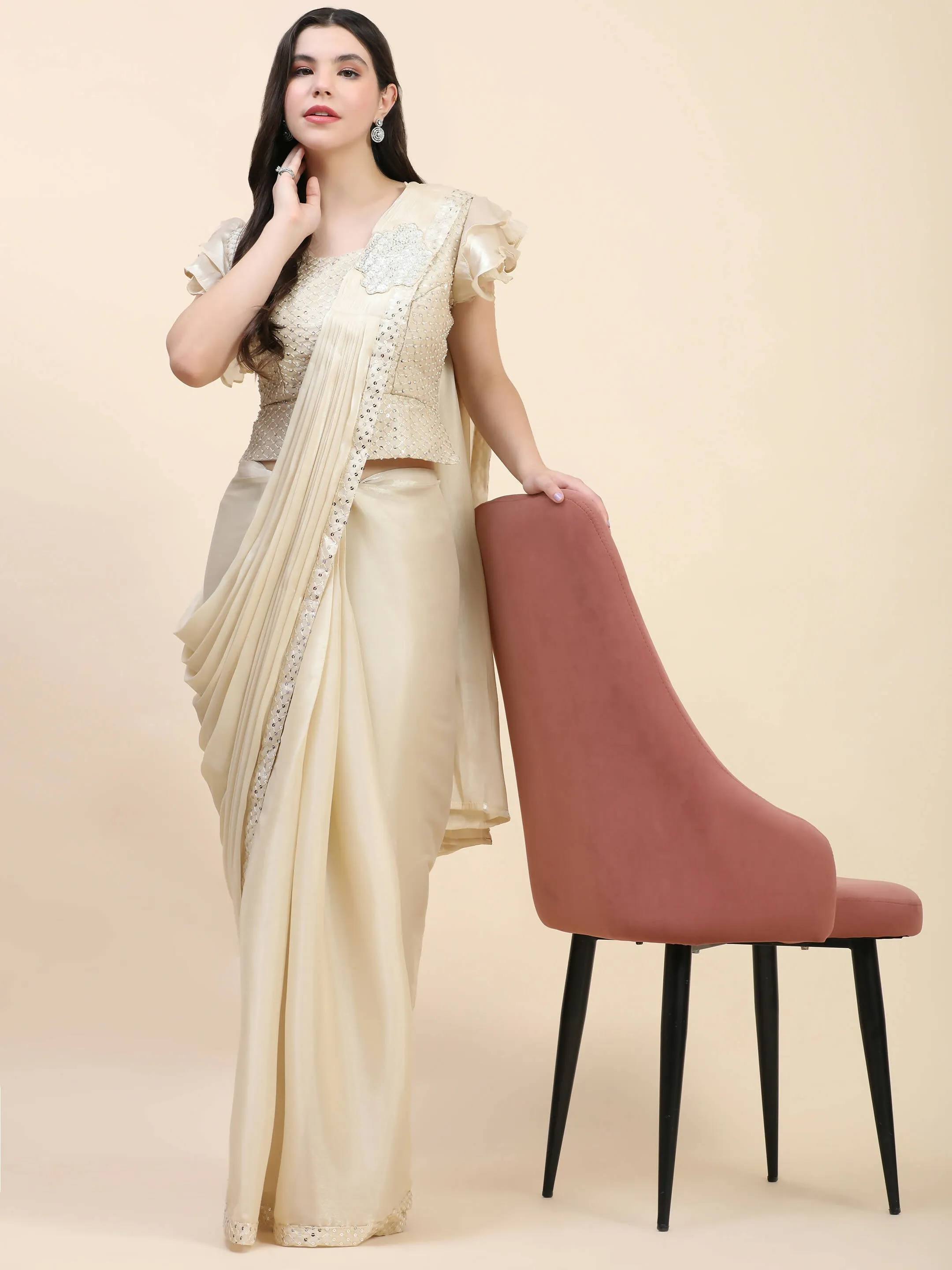 Beige Silk Satin Sequence Work Ready to Wear Saree with stitched Blouse - Nirvana