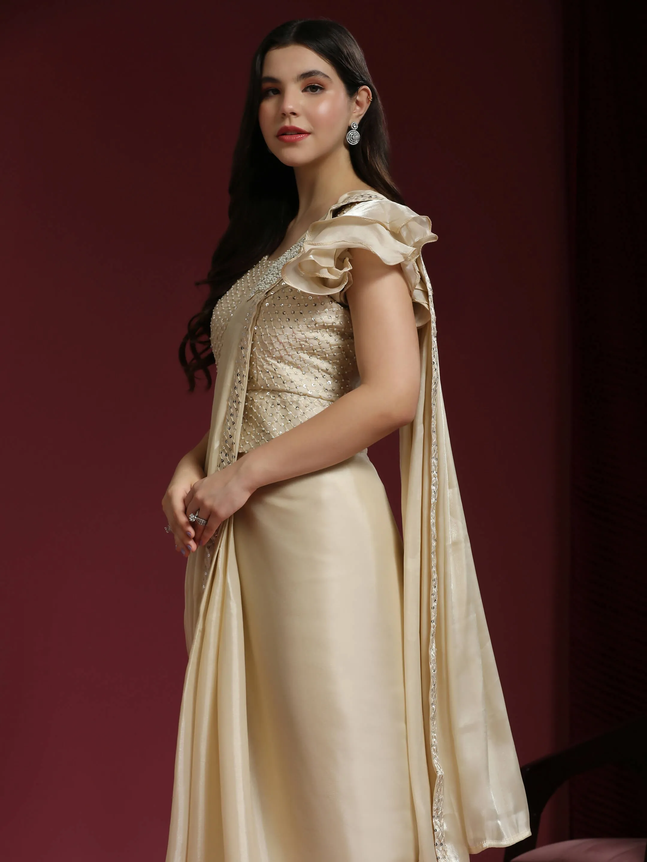 Beige Silk Satin Sequence Work Ready to Wear Saree with stitched Blouse - Nirvana