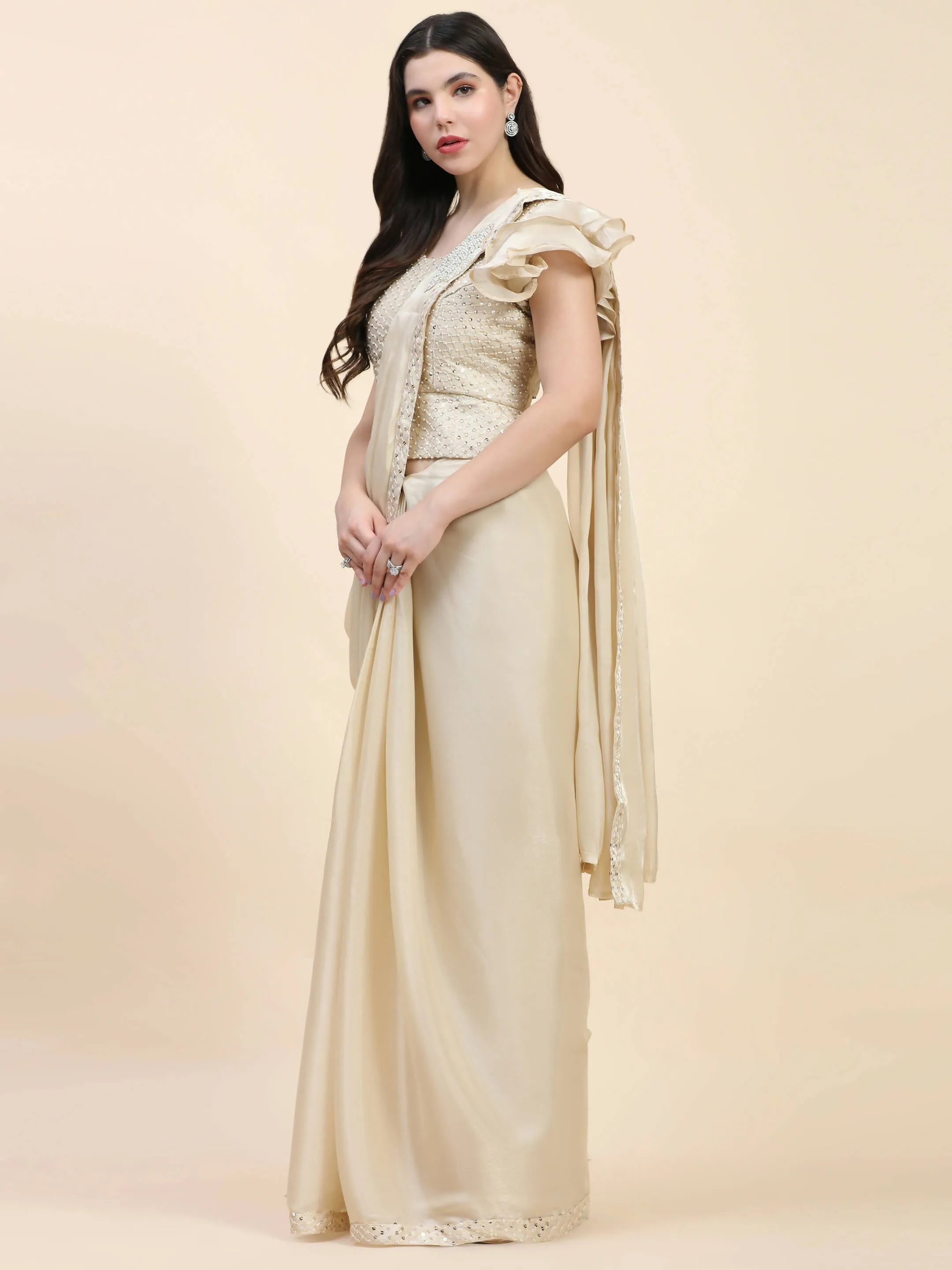 Beige Silk Satin Sequence Work Ready to Wear Saree with stitched Blouse - Nirvana