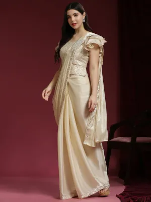 Beige Silk Satin Sequence Work Ready to Wear Saree with stitched Blouse - Nirvana