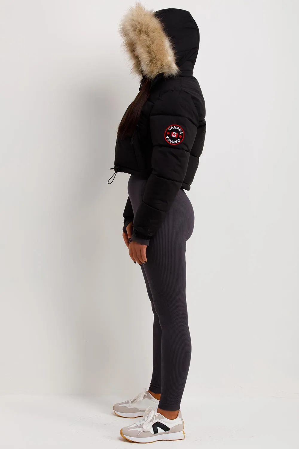Black Puffer Jacket With Fur Hood Cropped