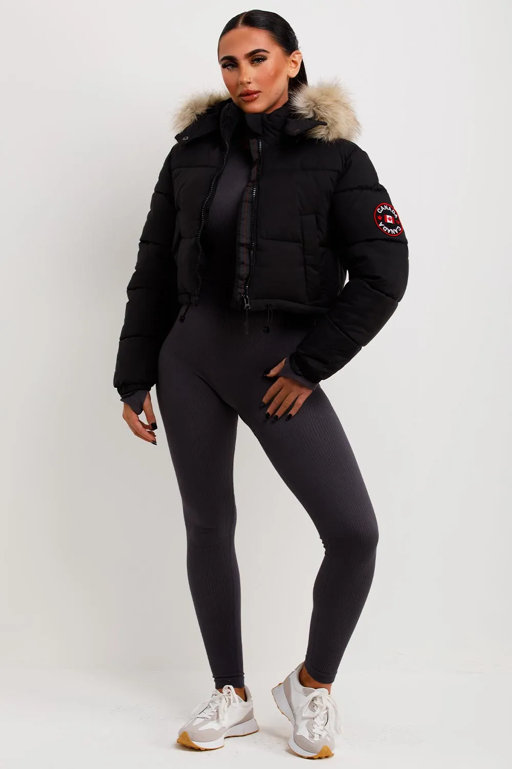 Black Puffer Jacket With Fur Hood Cropped