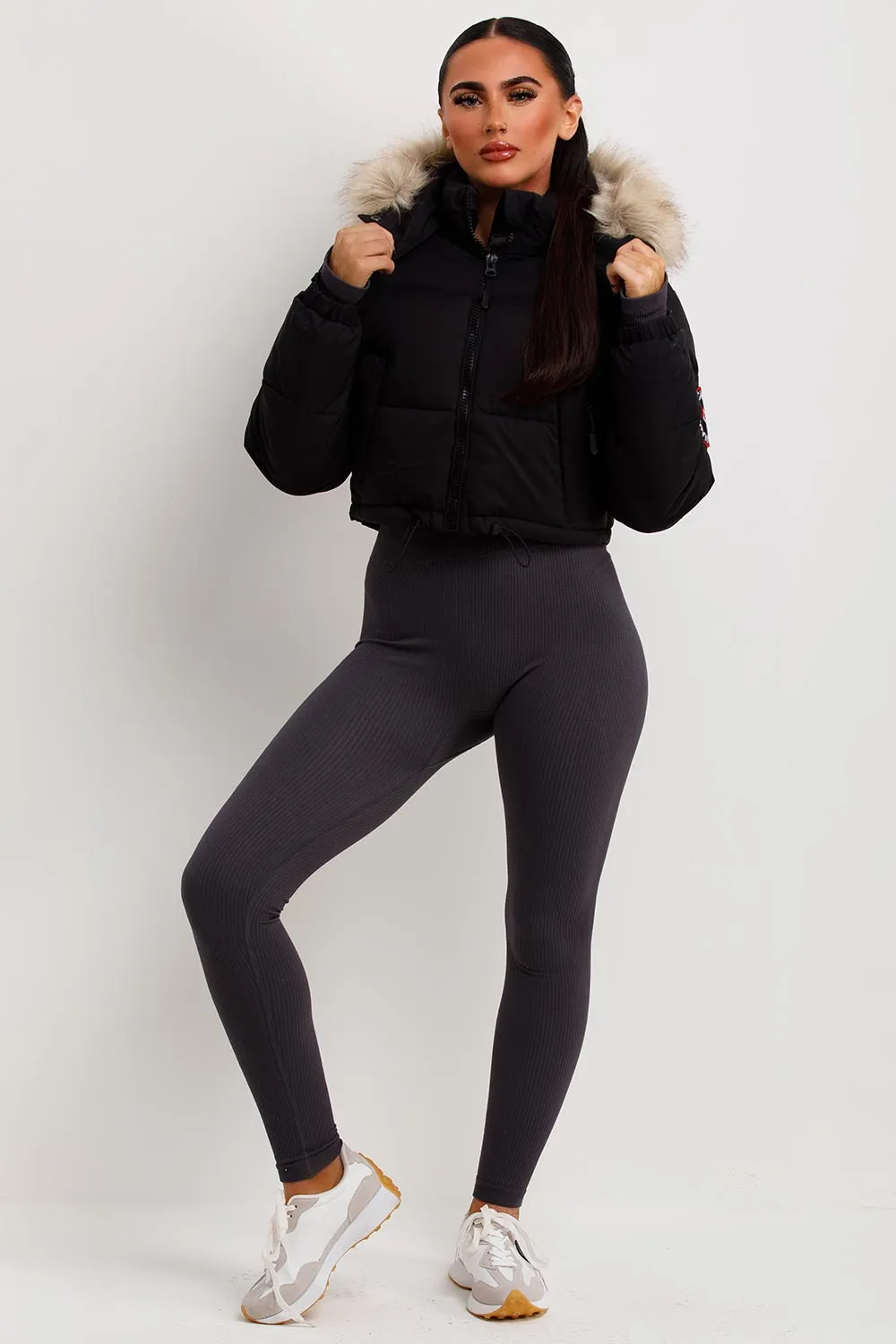 Black Puffer Jacket With Fur Hood Cropped