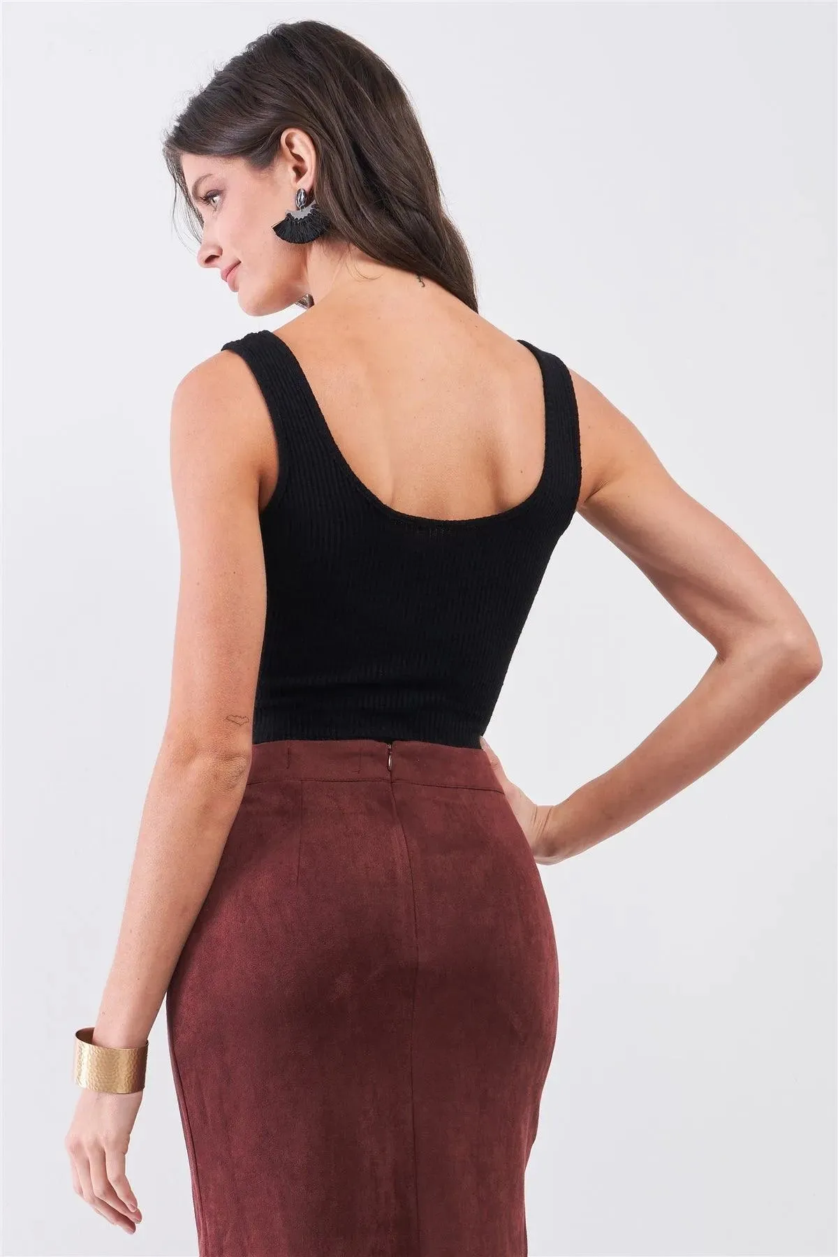 Black Rib Round Neck Sleeveless Front Snap Button Down Crop Tank Top /1-3-2