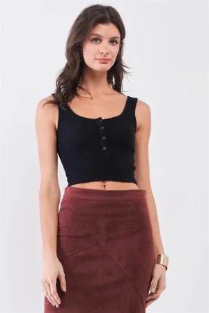 Black Rib Round Neck Sleeveless Front Snap Button Down Crop Tank Top /1-3-2
