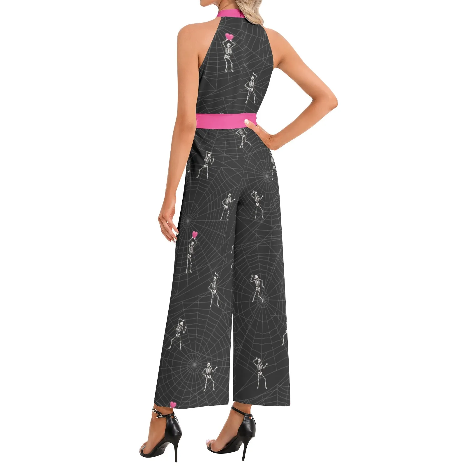 Bones, hearts, and Cobwebs Halter Neck Buckle Belted Jumpsuit