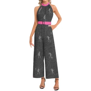 Bones, hearts, and Cobwebs Halter Neck Buckle Belted Jumpsuit