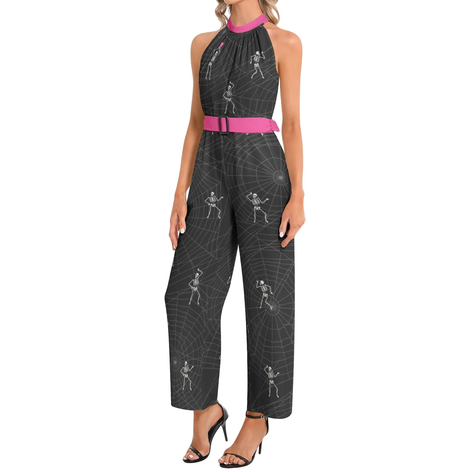 Bones, hearts, and Cobwebs Halter Neck Buckle Belted Jumpsuit