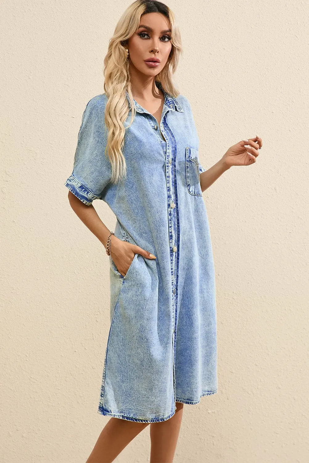 Button Short Sleeve Denim Shirt Dress