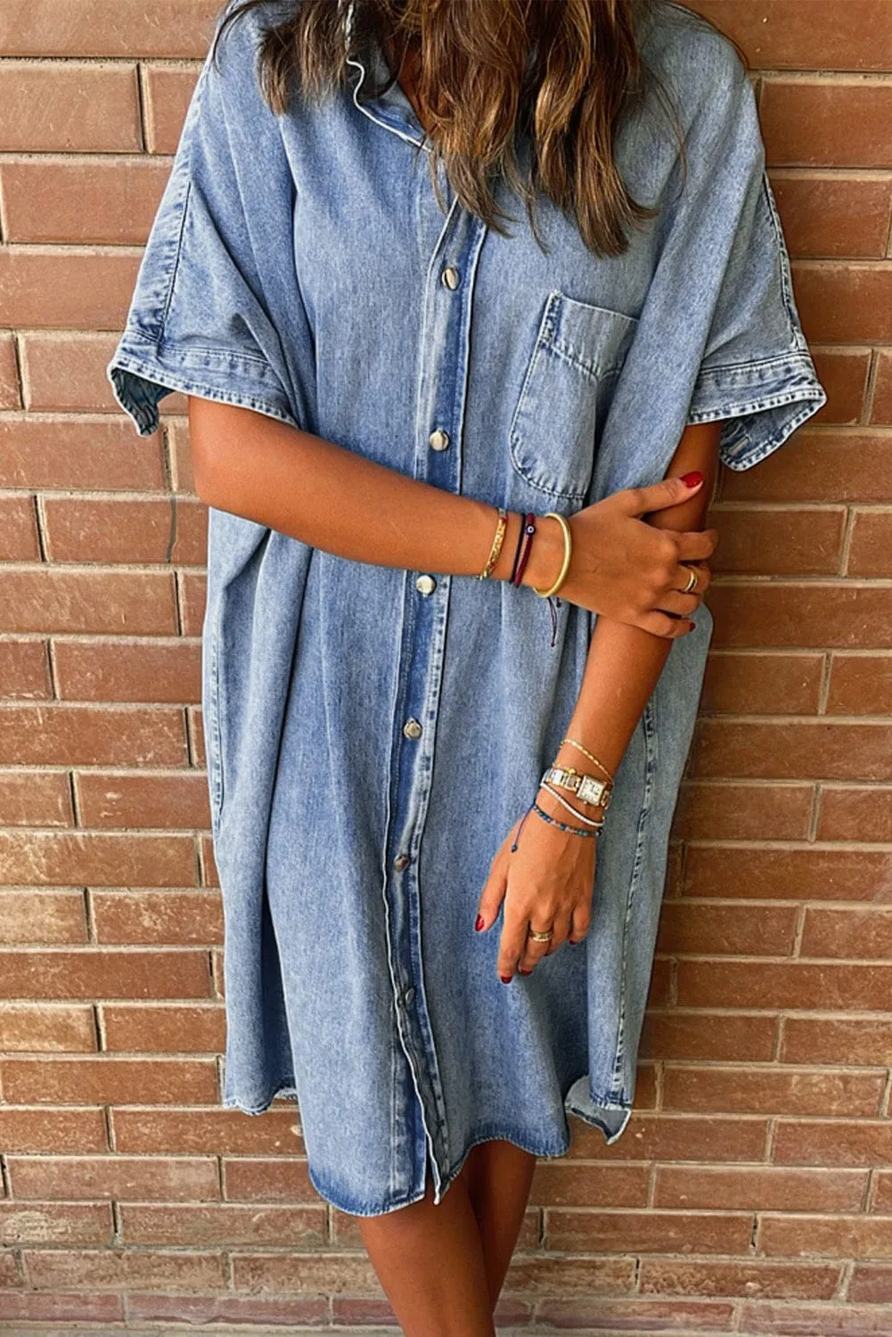 Button Short Sleeve Denim Shirt Dress