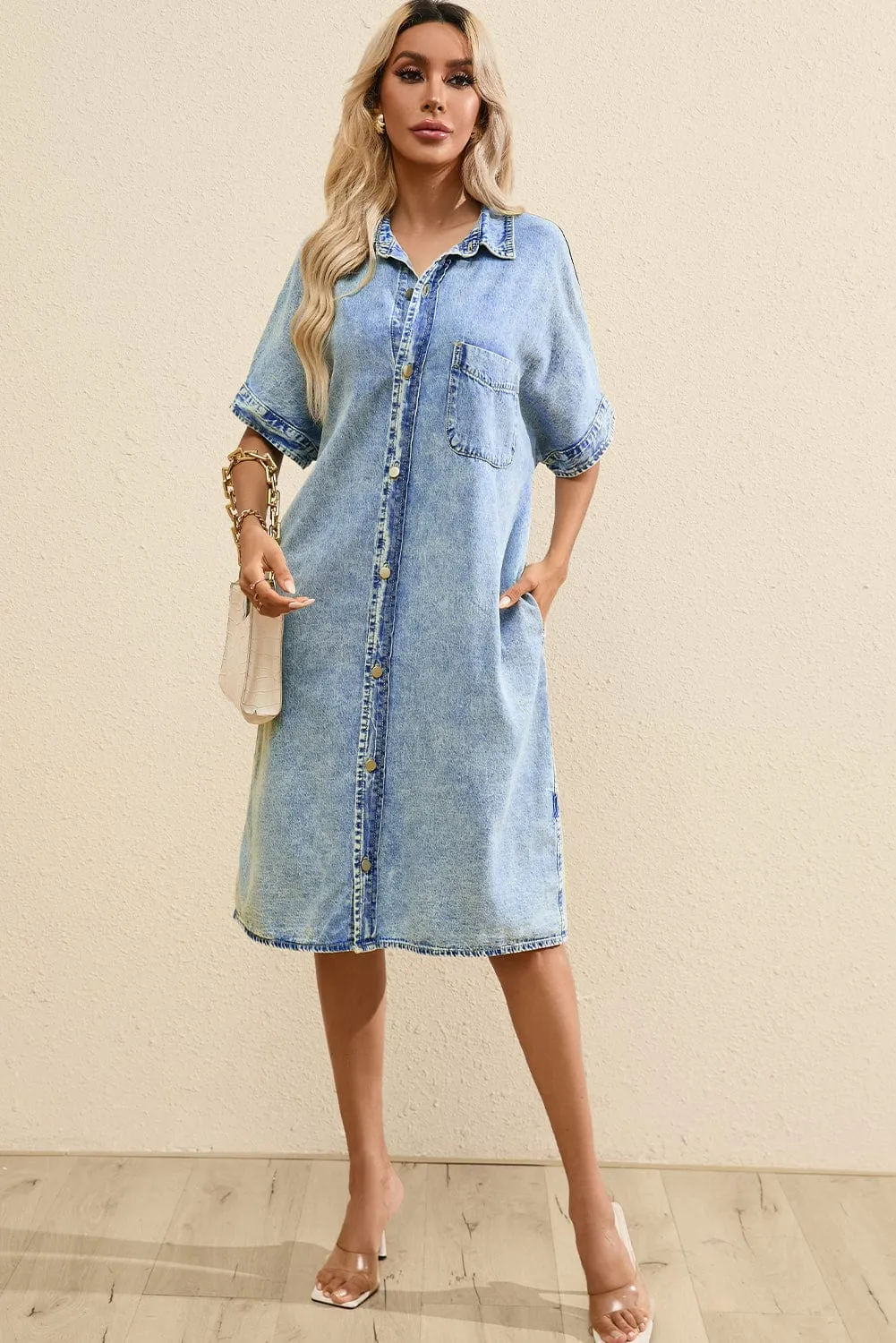 Button Short Sleeve Denim Shirt Dress