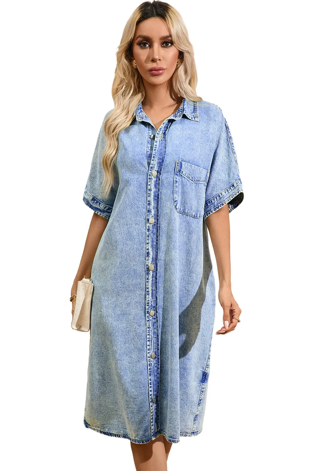 Button Short Sleeve Denim Shirt Dress