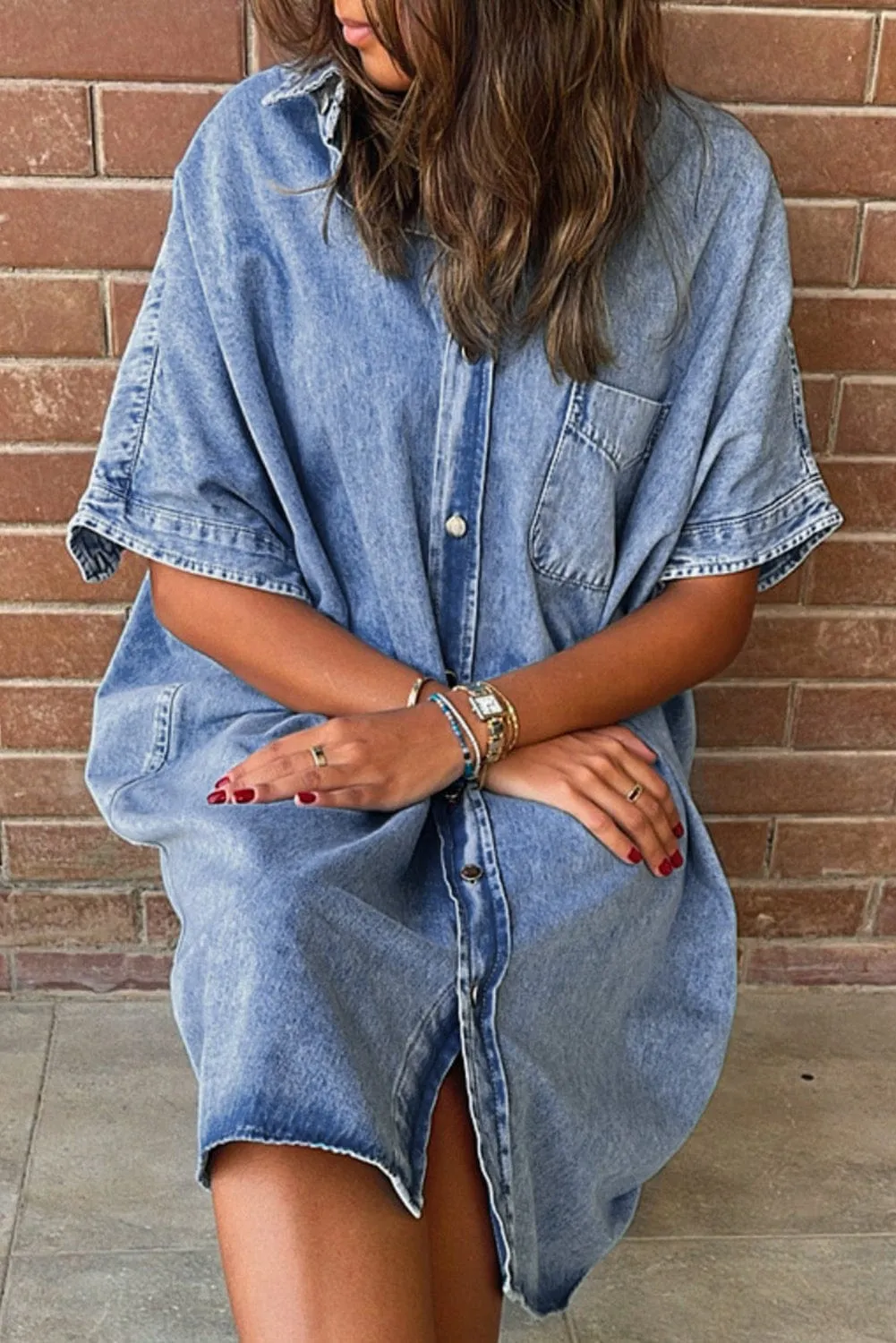 Button Short Sleeve Denim Shirt Dress