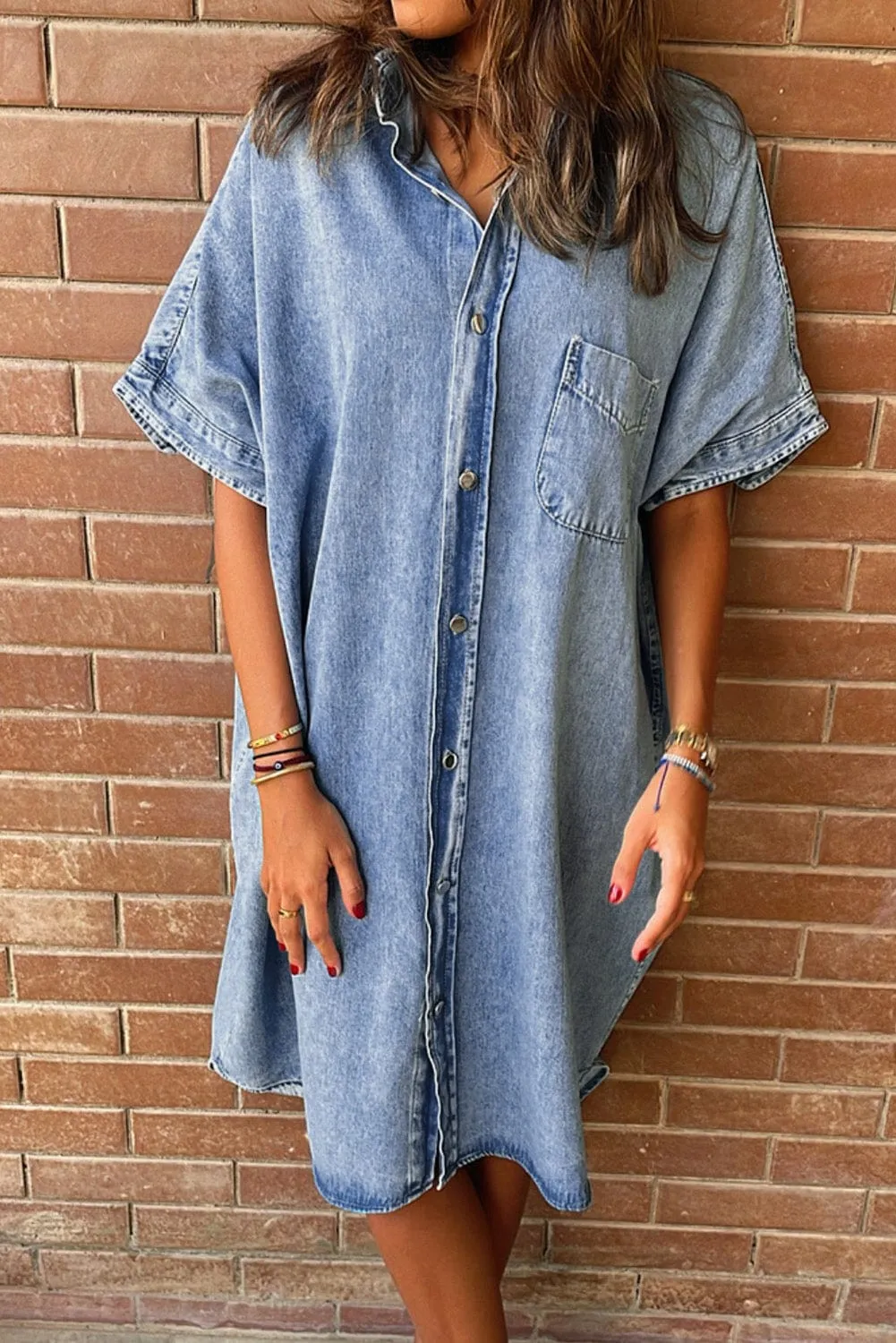Button Short Sleeve Denim Shirt Dress