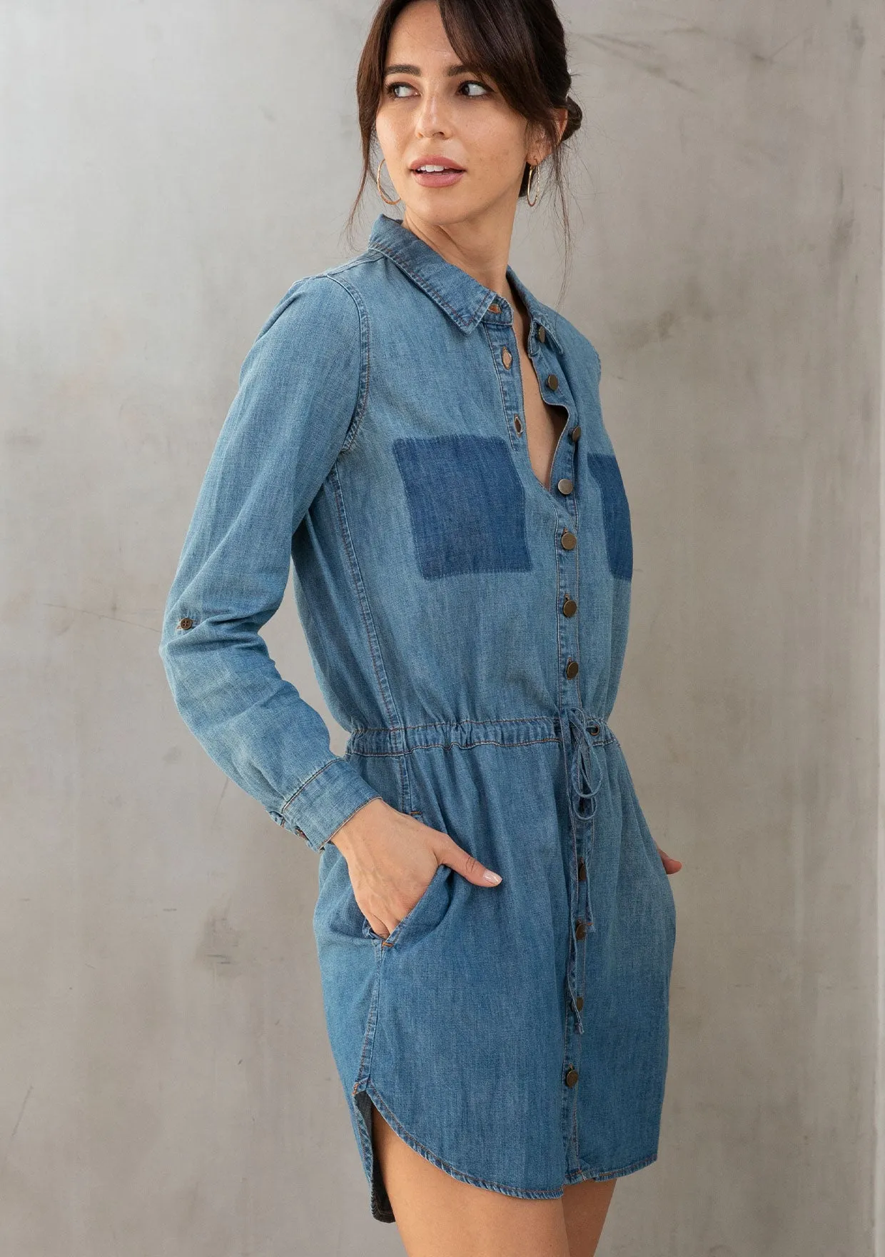 Casual Button-Up Long Sleeve Mini Shirt Dress
