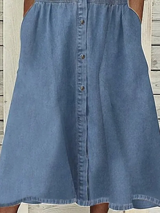 Casual Dress Denim Shirt Dress Maxi long Dress Denim Basic Modern Outdoor Daily Vacation Shirt Collar Button Pocket Short Sleeve Summer Spring Fall  Regular Fit Blue Pure Color S M L XL for Women