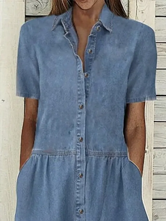 Casual Dress Denim Shirt Dress Maxi long Dress Denim Basic Modern Outdoor Daily Vacation Shirt Collar Button Pocket Short Sleeve Summer Spring Fall  Regular Fit Blue Pure Color S M L XL for Women