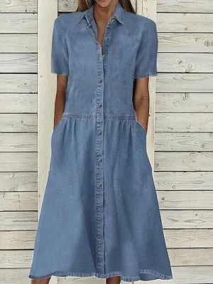 Casual Dress Denim Shirt Dress Maxi long Dress Denim Basic Modern Outdoor Daily Vacation Shirt Collar Button Pocket Short Sleeve Summer Spring Fall  Regular Fit Blue Pure Color S M L XL for Women