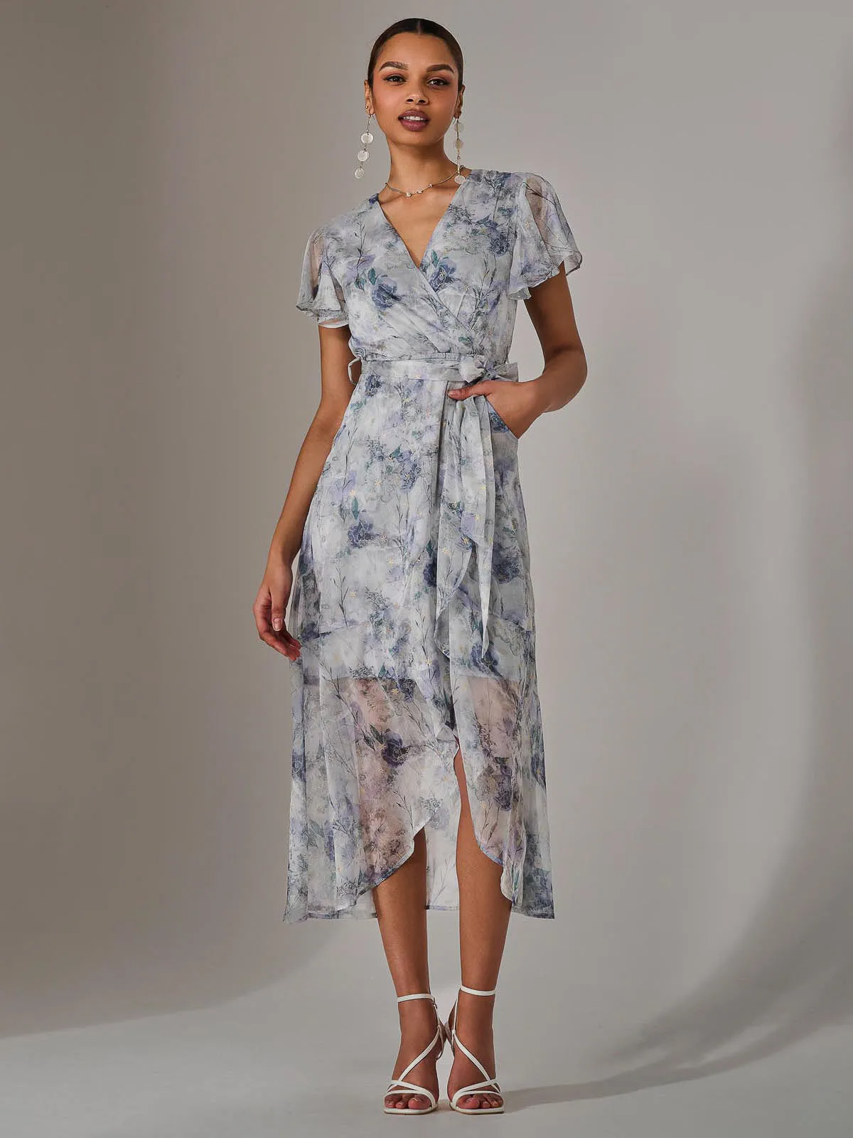 Chiffon Wrap Midi Dress, Blue Floral