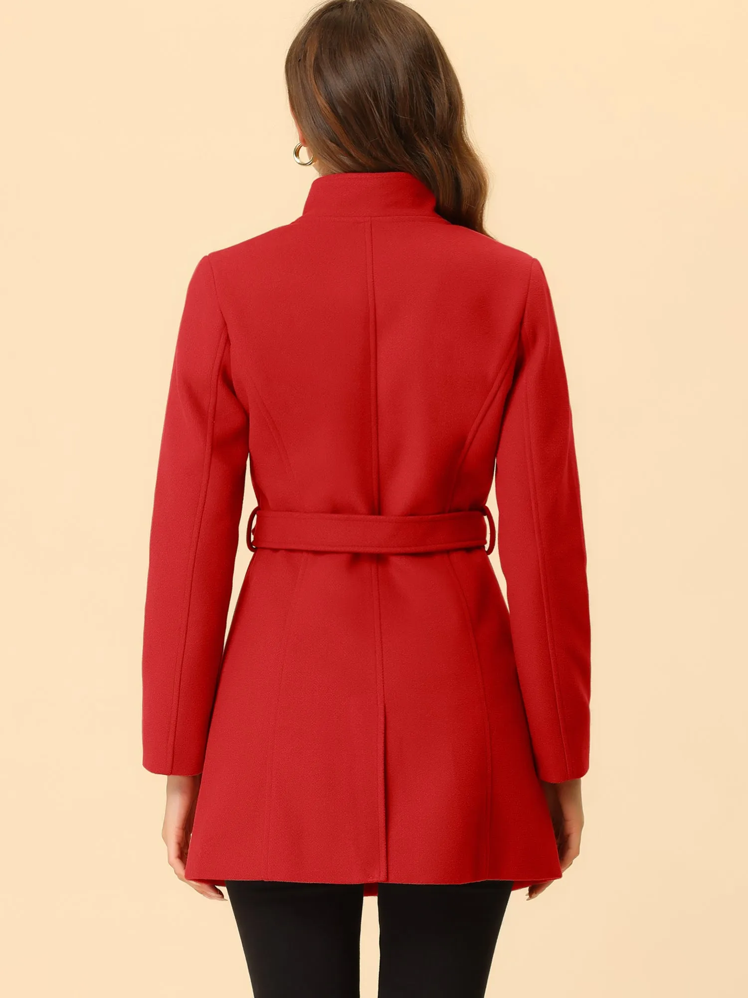 Classic Stand Collar Long Sleeve Belted Winter Coat