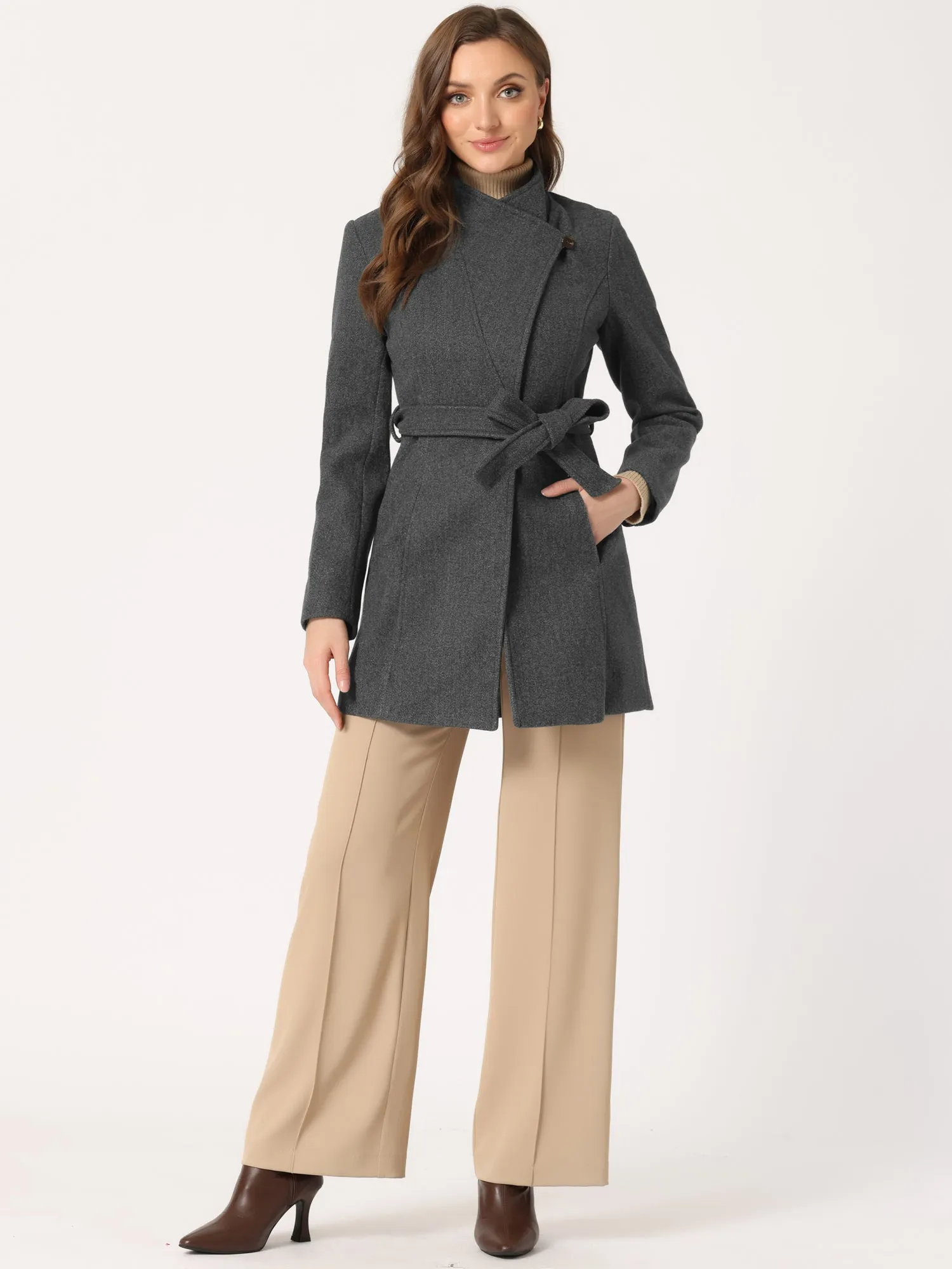 Classic Stand Collar Long Sleeve Belted Winter Coat