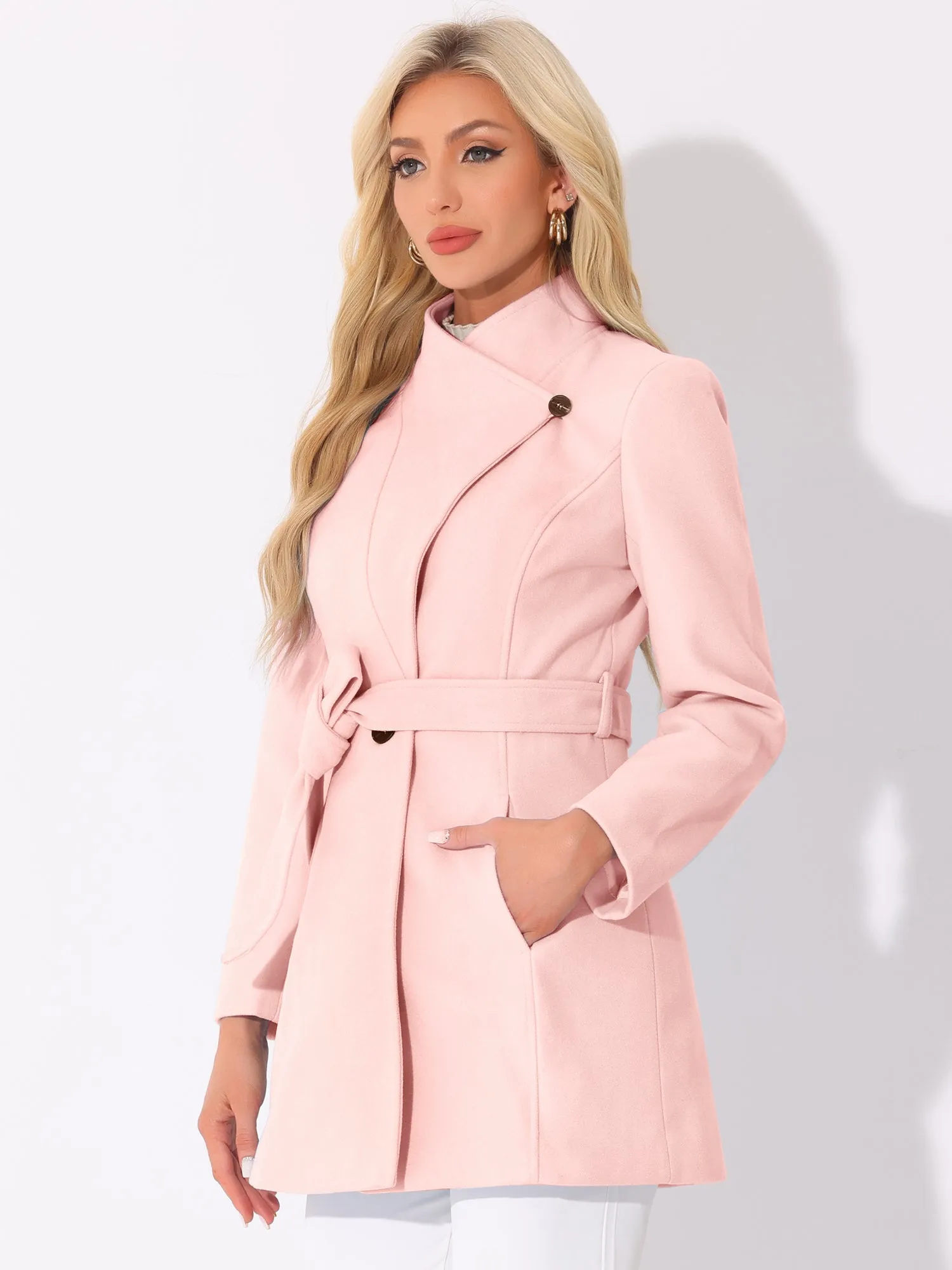 Classic Stand Collar Long Sleeve Belted Winter Coat