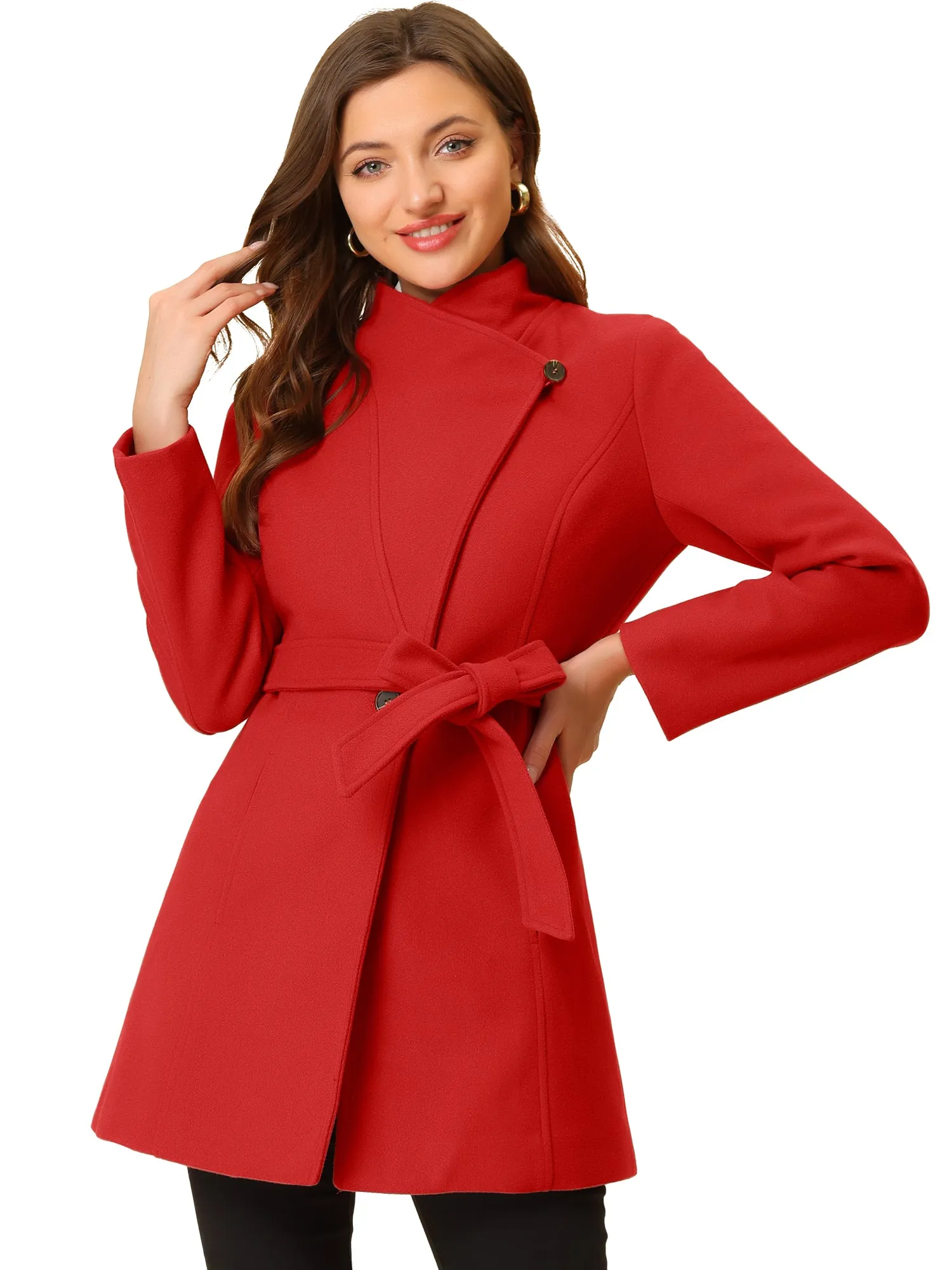 Classic Stand Collar Long Sleeve Belted Winter Coat