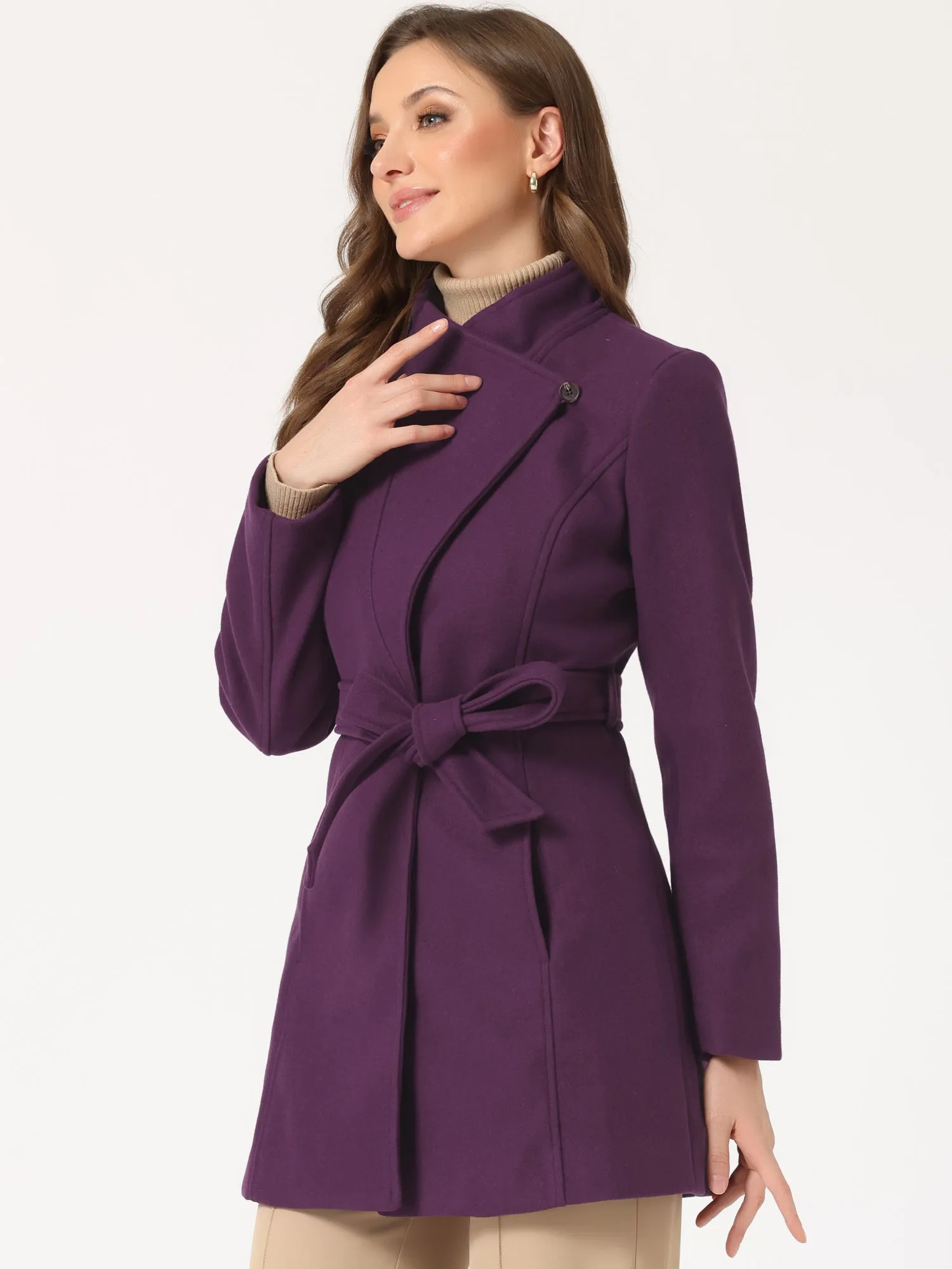 Classic Stand Collar Long Sleeve Belted Winter Coat