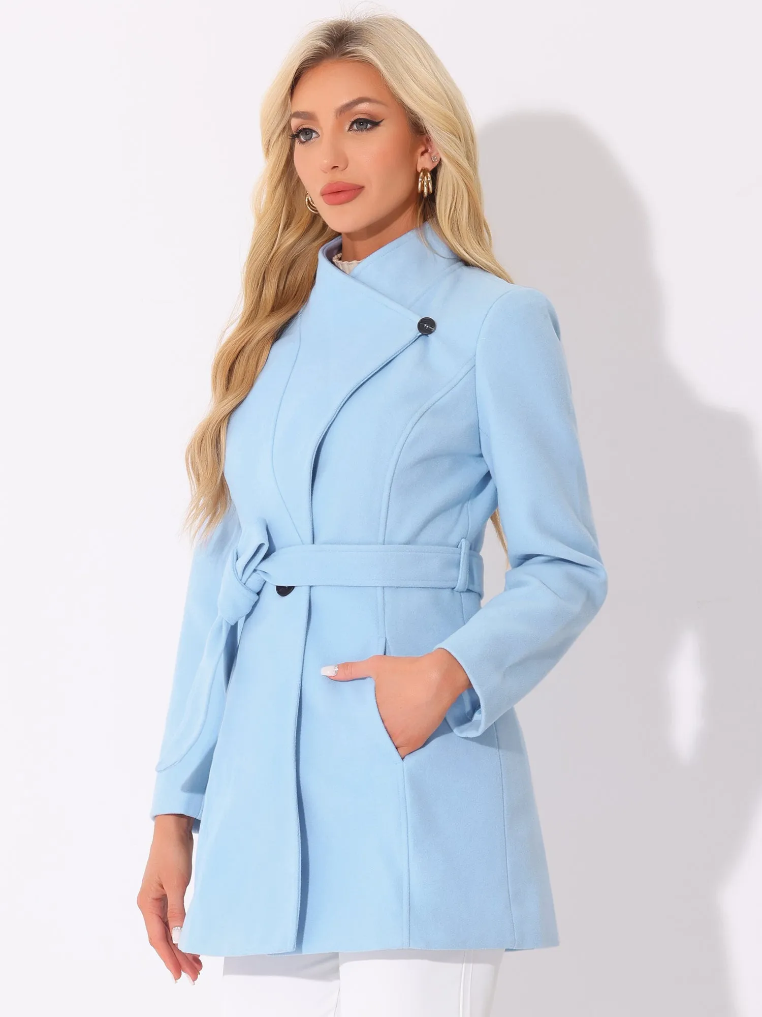 Classic Stand Collar Long Sleeve Belted Winter Coat